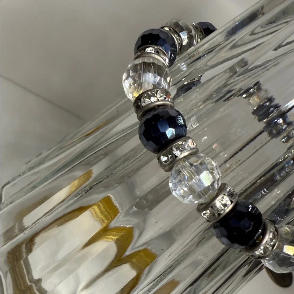 Reserved faceted glass disco ball navy clear Silver Beaded stretch